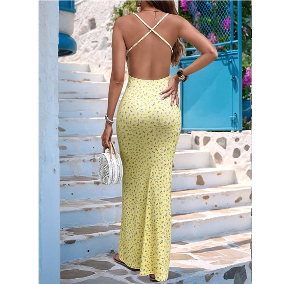 Yellow Floral Sheath Backless Maxi Dress - Picture 7 of 16